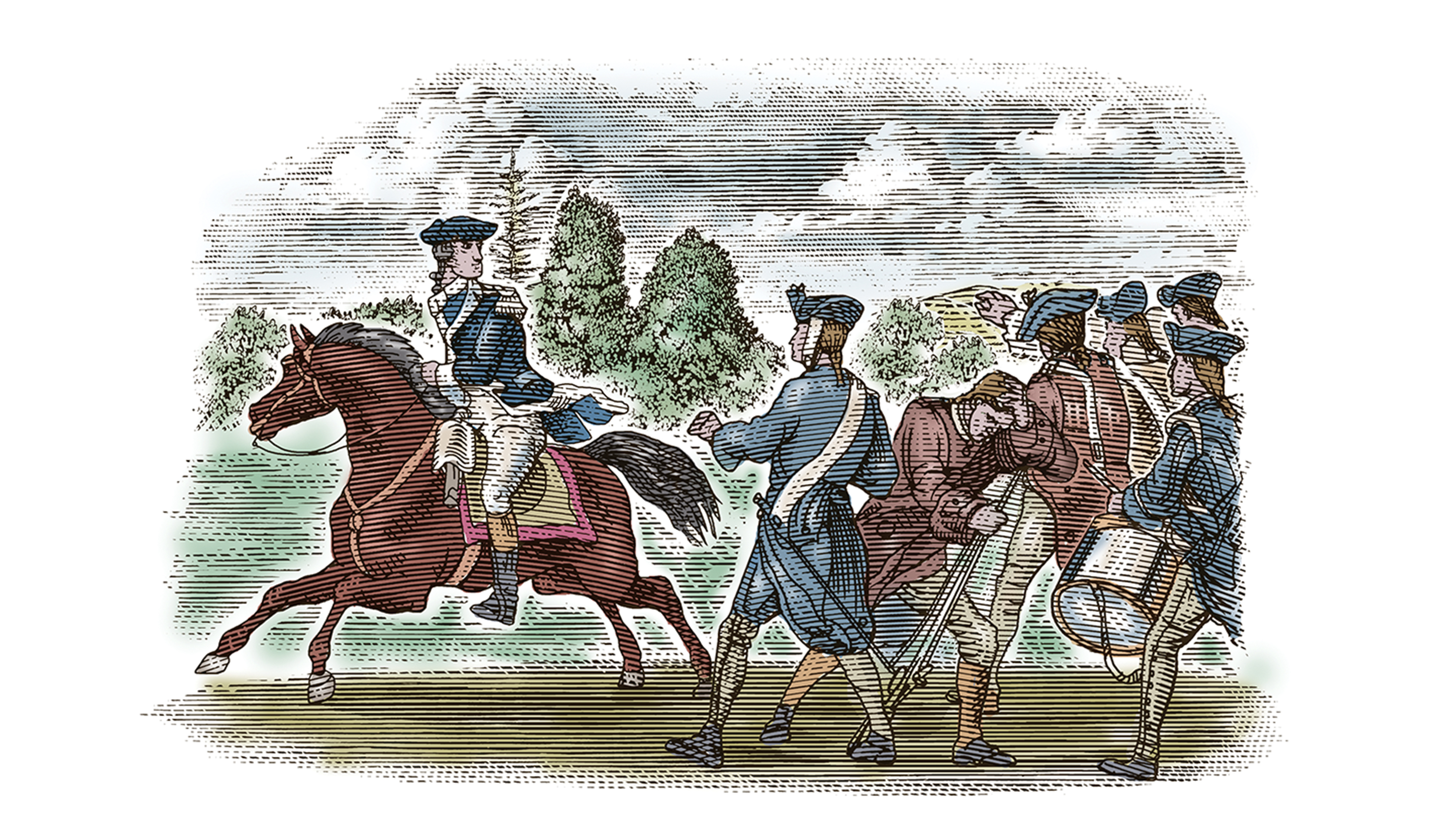 Soldier on horseback talking to soliders