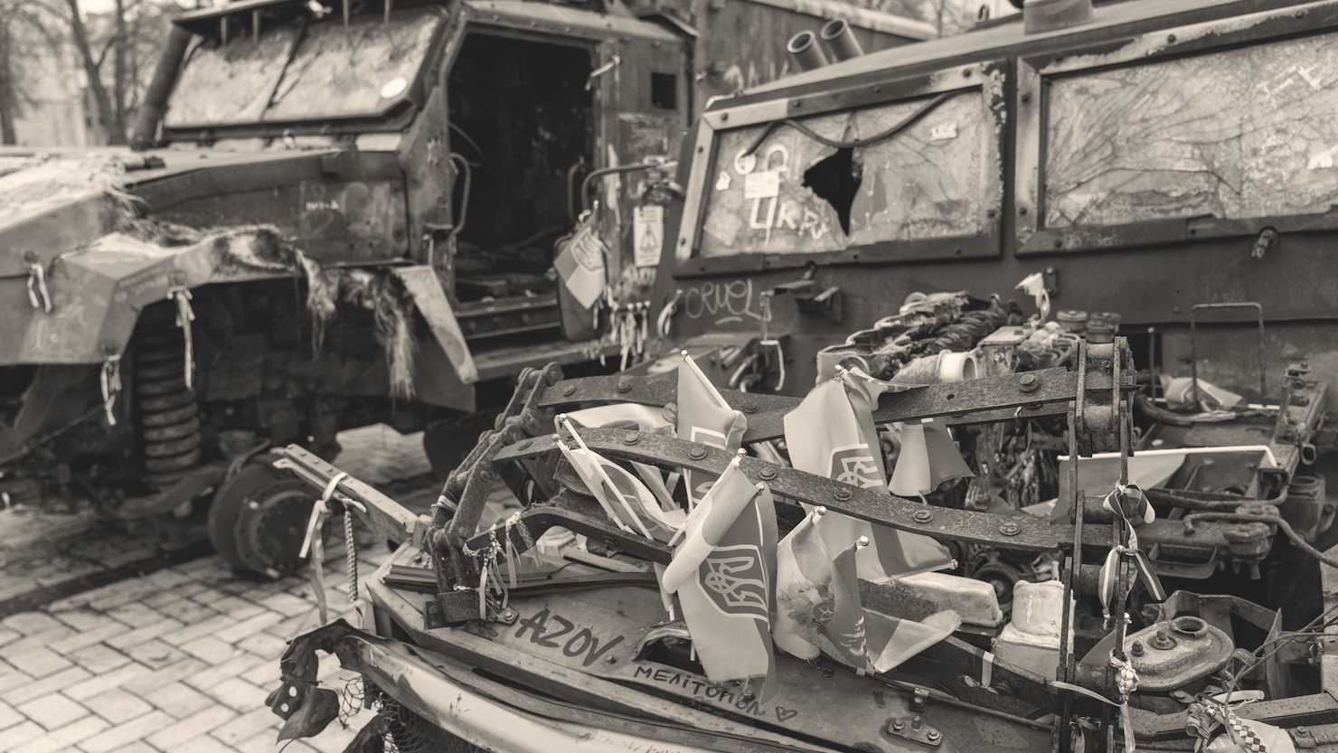 Vehicles destroyed by Russian bombs