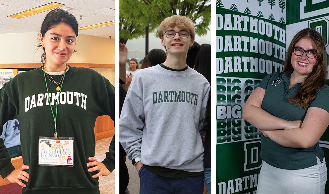Three students wearing Dartmouth merch