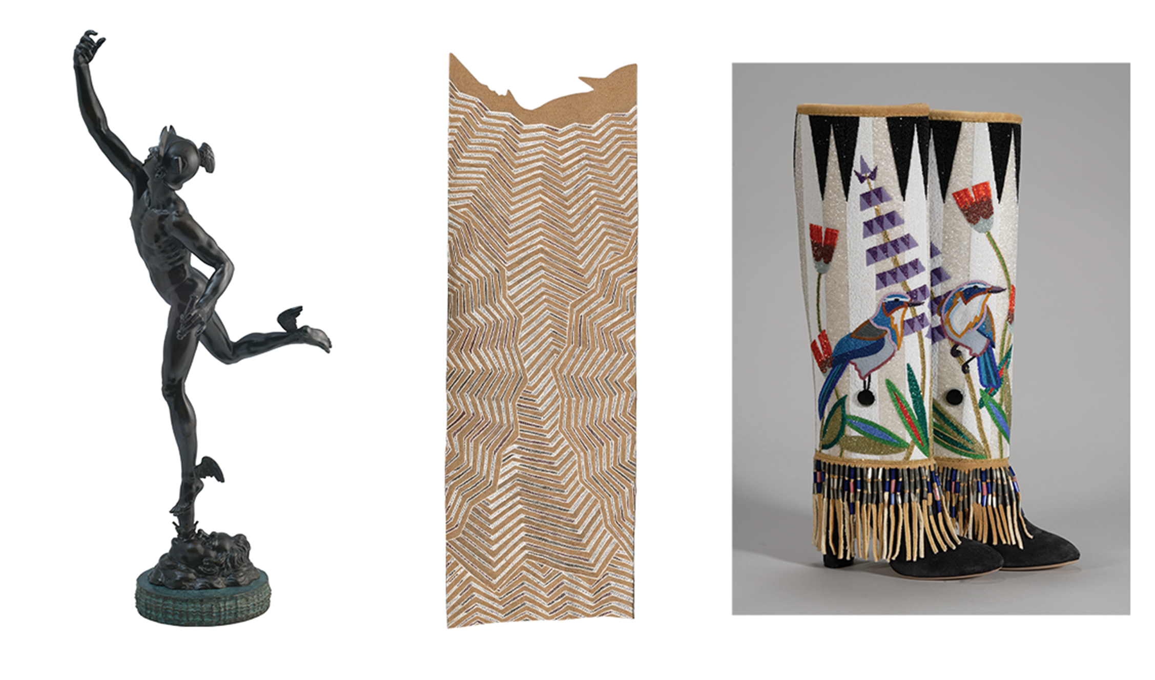 Three pieces of art: statue, bark, boots