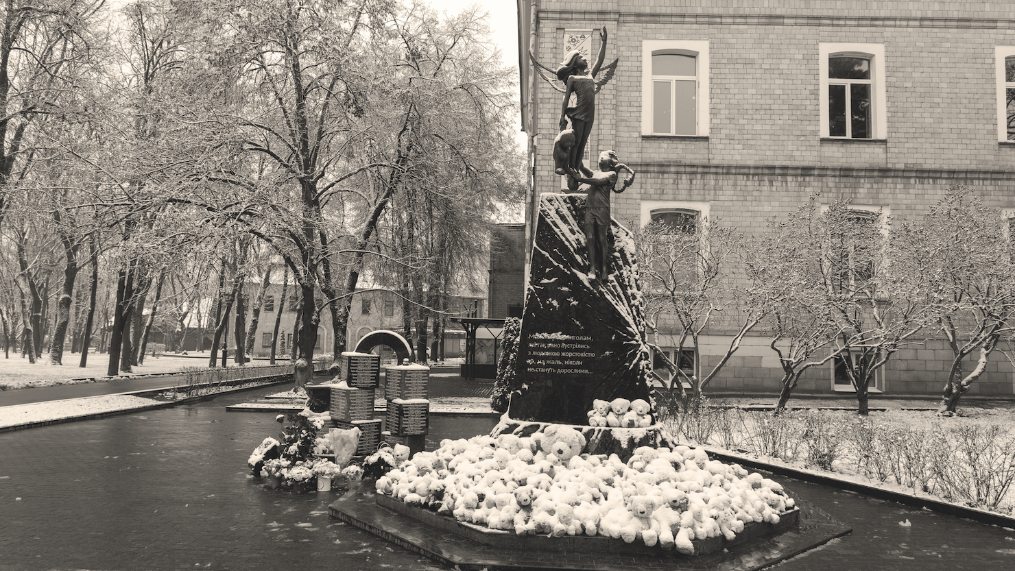 memorial covered with snow