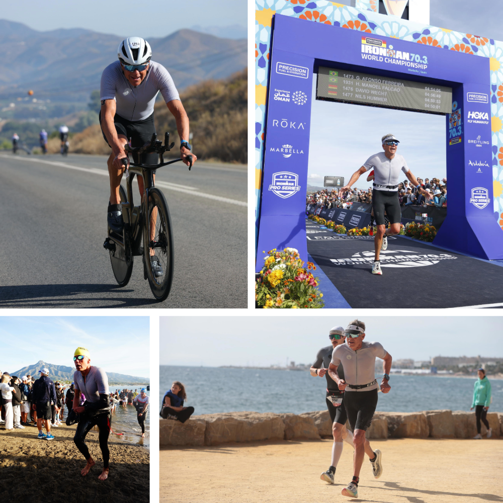 Collage of man competing in triathlon
