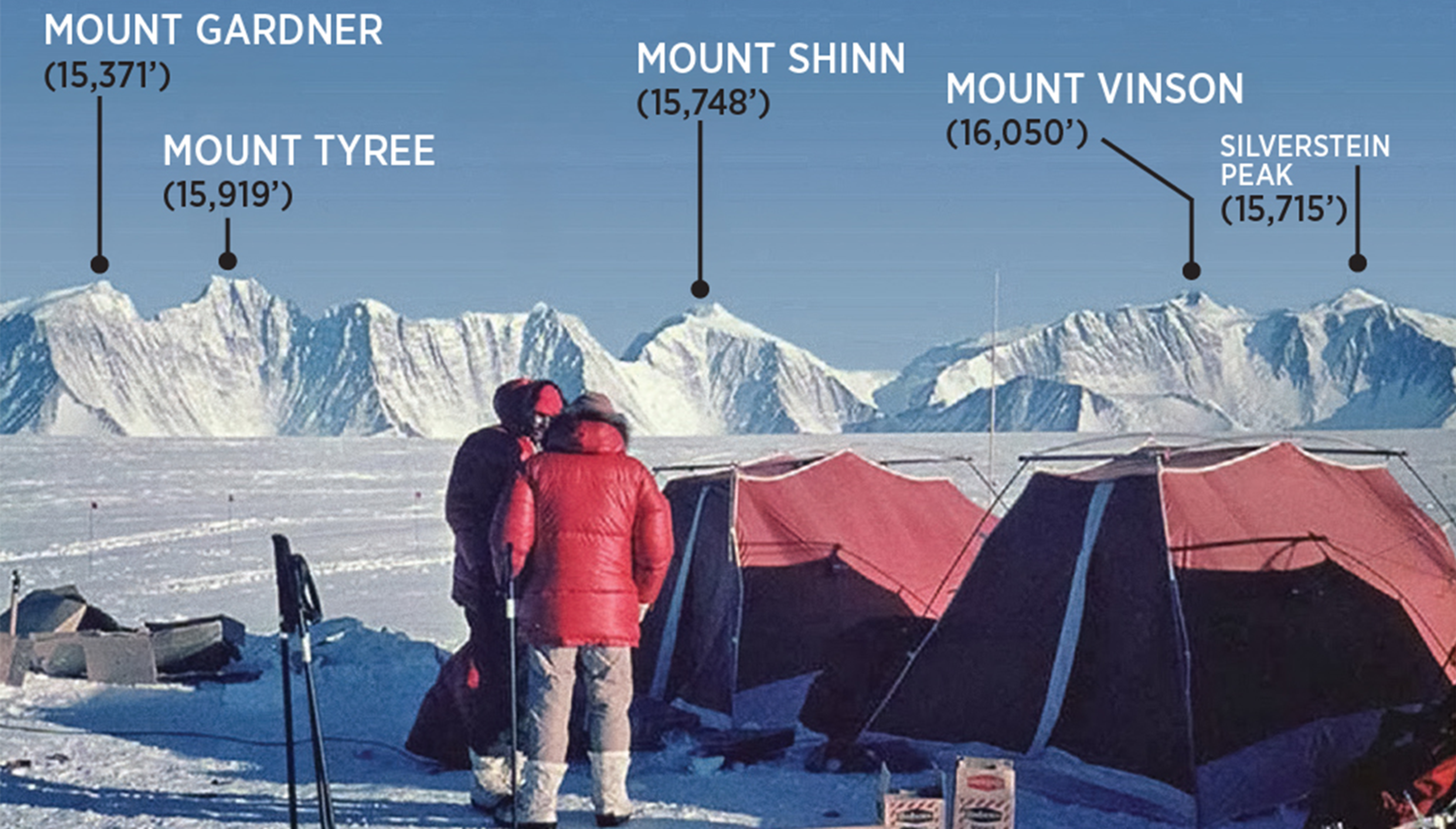 Camp in front of snowy mountains with peaks