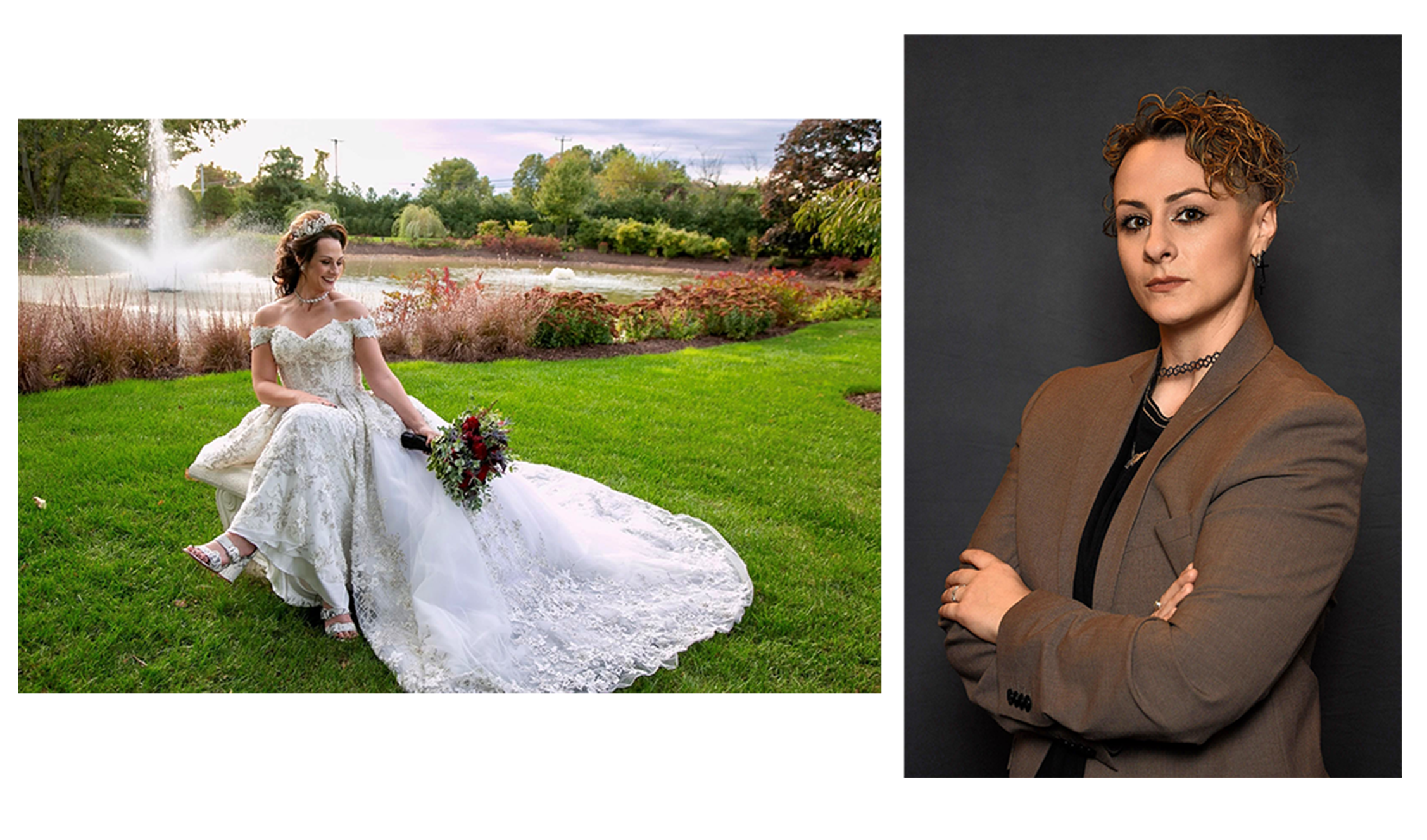 Spo! in wedding dress and business suit