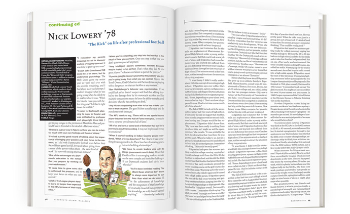 Nick Lowery '78, Dartmouth Alumni Magazine