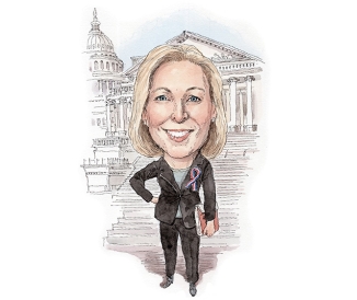 Illustration of woman wearing a suit, standing in front of the U.S. Capitol in D.C.