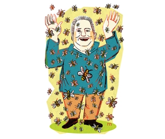 Illustration of a man surrounded by bees