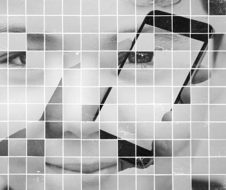 Photo collage of a person's face with smartphone