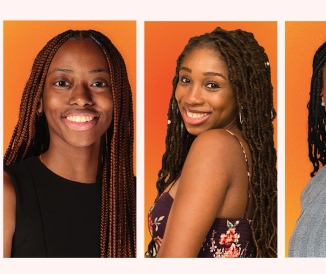 Headshots of three women with an orange background