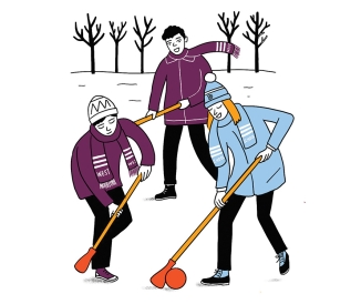 Three students playing broom ball outside