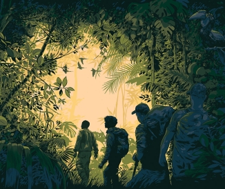 Illustration of four men hiking in lush forest with animals