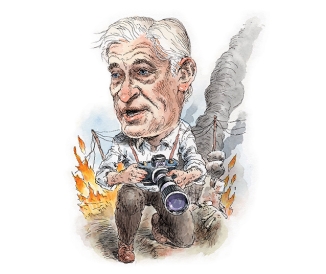 Illustration of man holding a camera, kneeling on ground with snow and flames in background