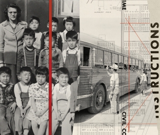 Black and white photo collage of schoolchildren, busses, and newspaper clipping