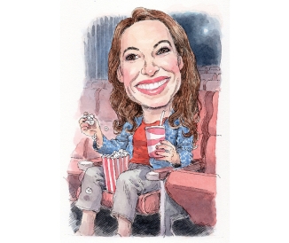 Illustration of woman in movie theater eating popcorn