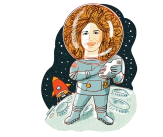 Illustration of a female astronaut on the moon with rocket in background