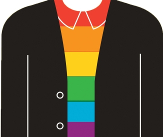 Illustration of rainbow shirt under black blazer