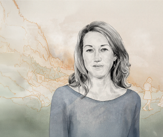 Illustration of woman with fire in background