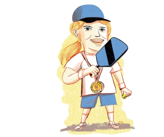 Illustration of woman with pickleball paddle, wearing medal