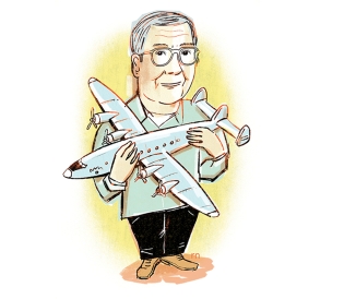 Illustration of man holding model pane