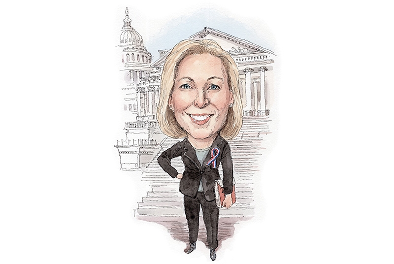 Illustration of woman wearing a suit, standing in front of the U.S. Capitol in D.C.