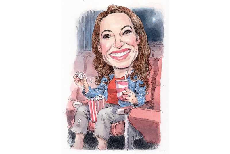 Illustration of woman in movie theater eating popcorn