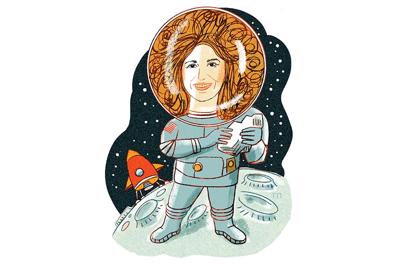 Illustration of a female astronaut on the moon with rocket in background