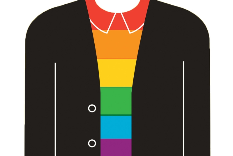 Illustration of rainbow shirt under black blazer