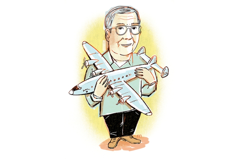 Illustration of man holding model pane