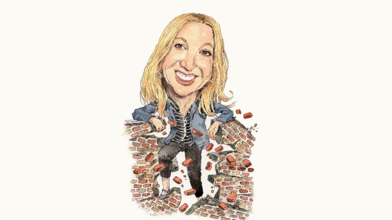 Illustration of woman breaking brick wall