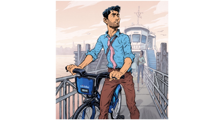 Illustration of man walking bike