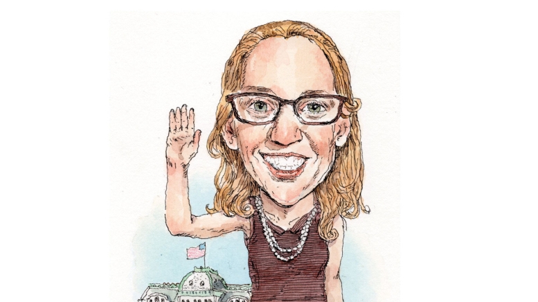 Woman holding up hand in front of government building