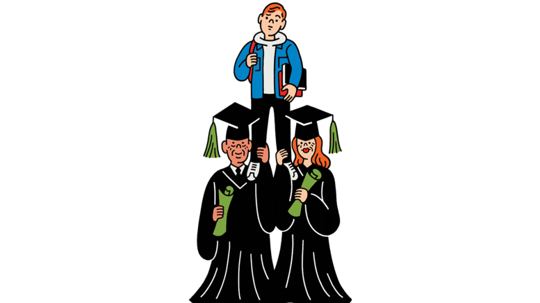 Student standing on shoulders of parents in graduation robes