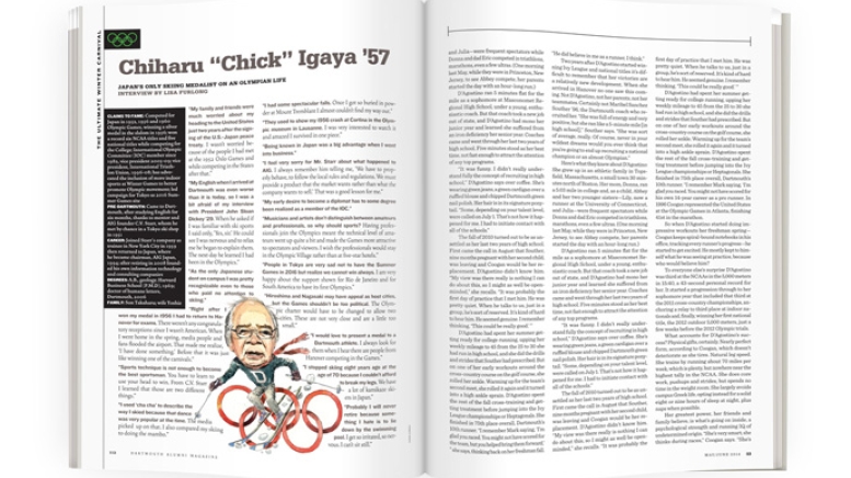 Magazine spread with illustration of man with Olympic rings