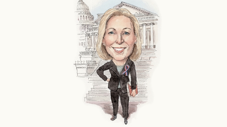 Illustration of woman wearing a suit, standing in front of the U.S. Capitol in D.C.