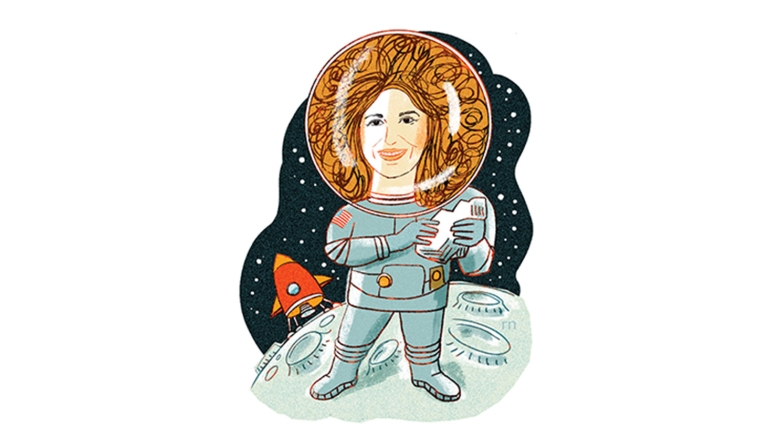 Illustration of a female astronaut on the moon with rocket in background