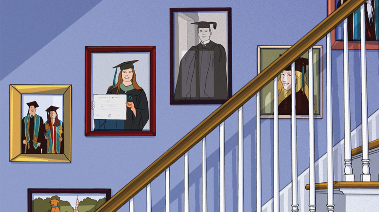 Illustration of college grad portraits on wall in house