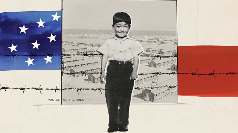 Boy standing in front of barbed wire, internment camp, and flag
