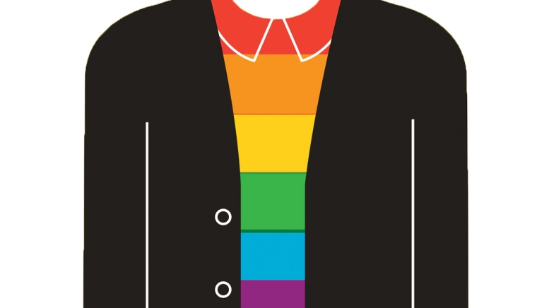 Illustration of rainbow shirt under black blazer