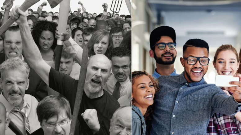 Angry mob photo next to photo of smiling people taking selfie
