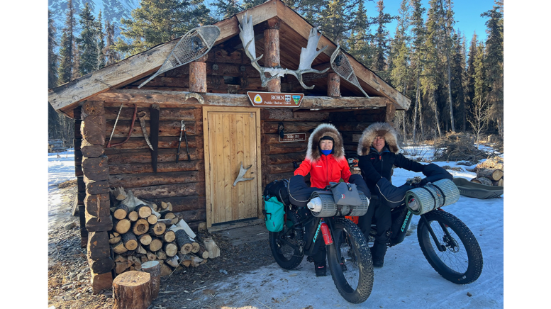 Two people on fat bikes in winter