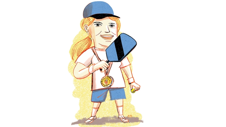 Illustration of woman with pickleball paddle, wearing medal