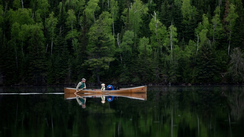 Man and dog in canoe on water