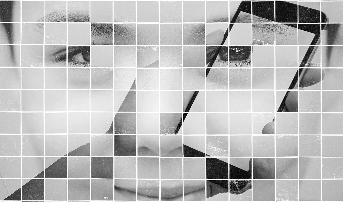 Photo collage of a person's face with smartphone