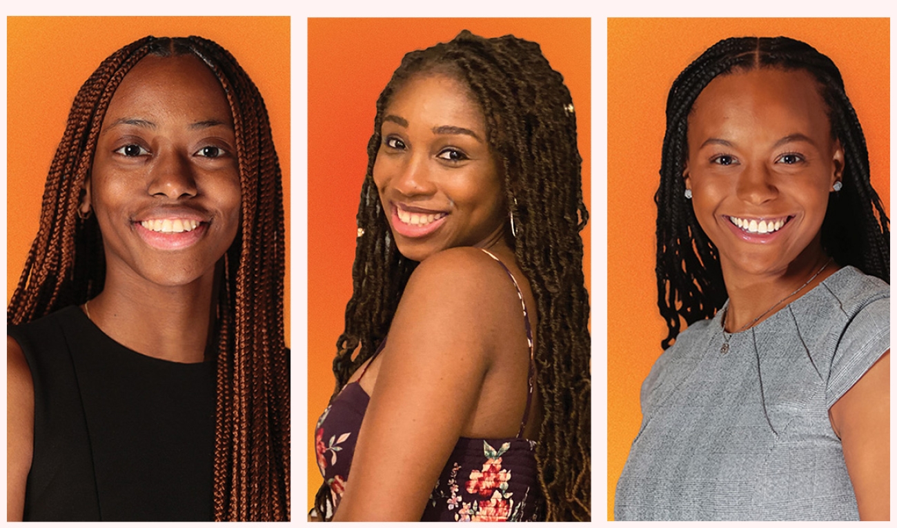 Headshots of three women with an orange background