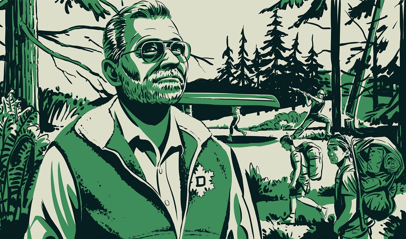 Illustration of man and boys in woods