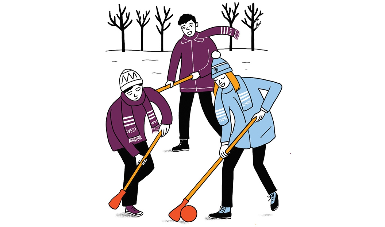 Three students playing broom ball outside