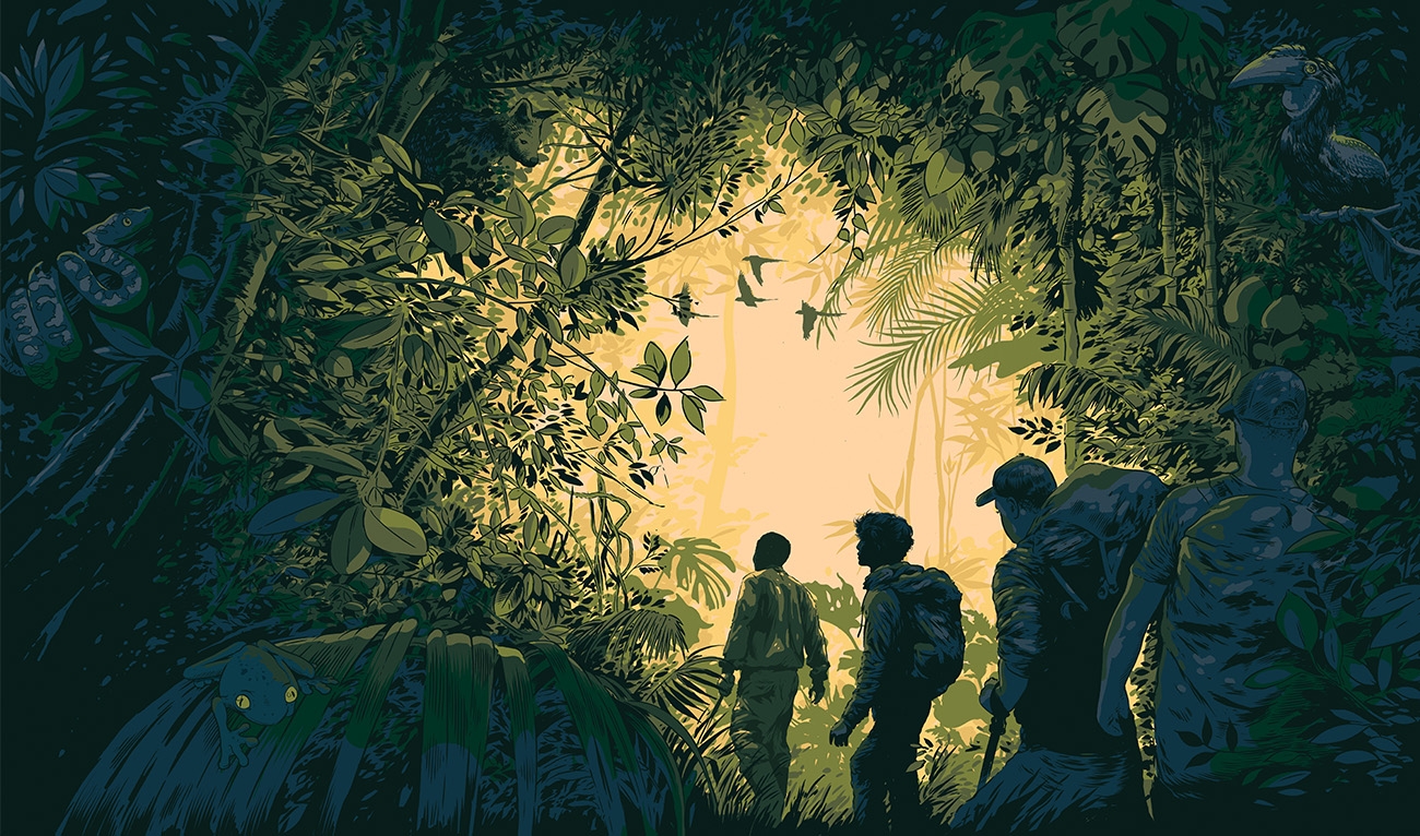 Illustration of four men hiking in lush forest with animals