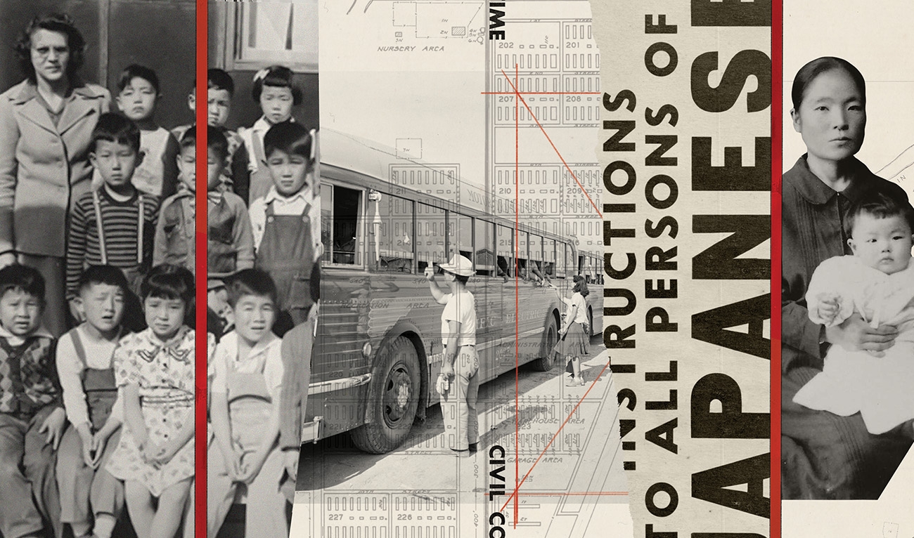 Black and white photo collage of schoolchildren, busses, and newspaper clipping