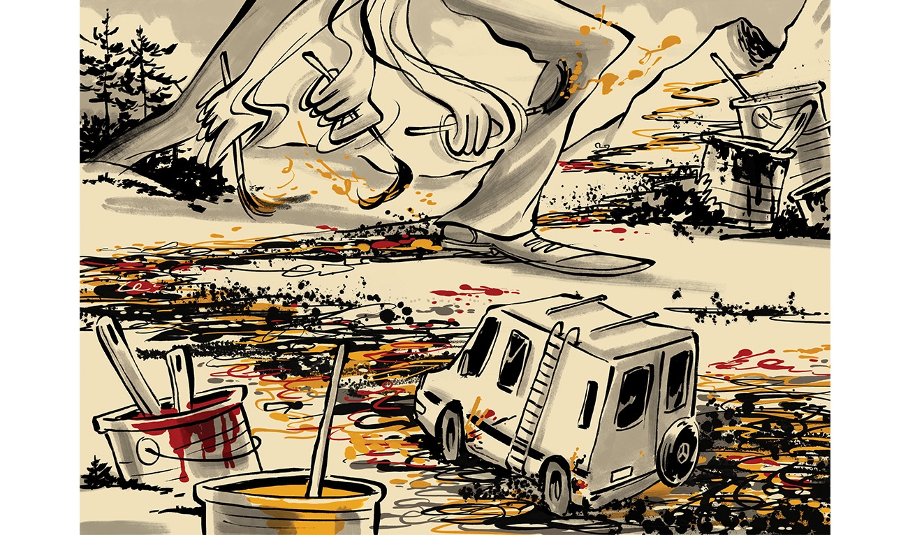 Illustration of a camper van with painter, paint buckets, and paint brushes