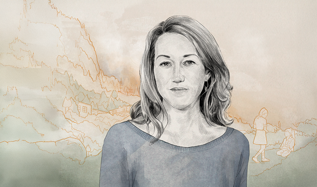 Illustration of woman with fire in background